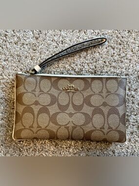 Coach Brown/Tan Signature Canvas Wristlet with Gold Logo